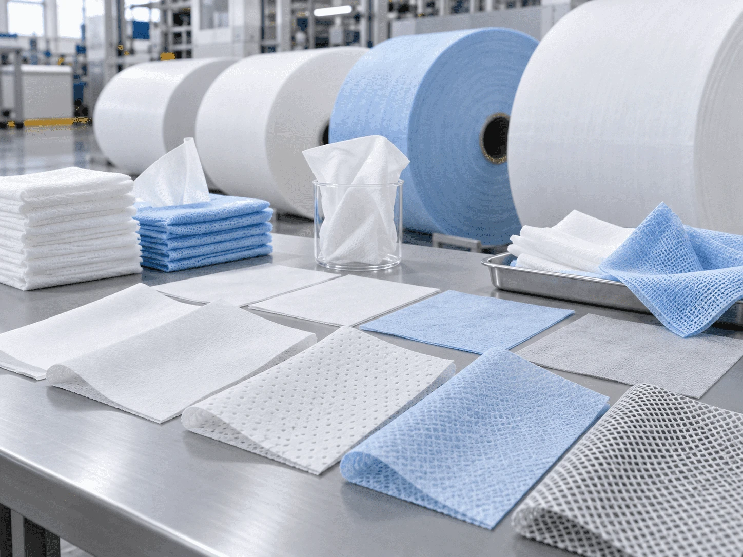 Spunlace nonwoven rolls and wipe samples with different GSM and textures Spunlace nonwoven rolls and wipe samples with different GSM and textures